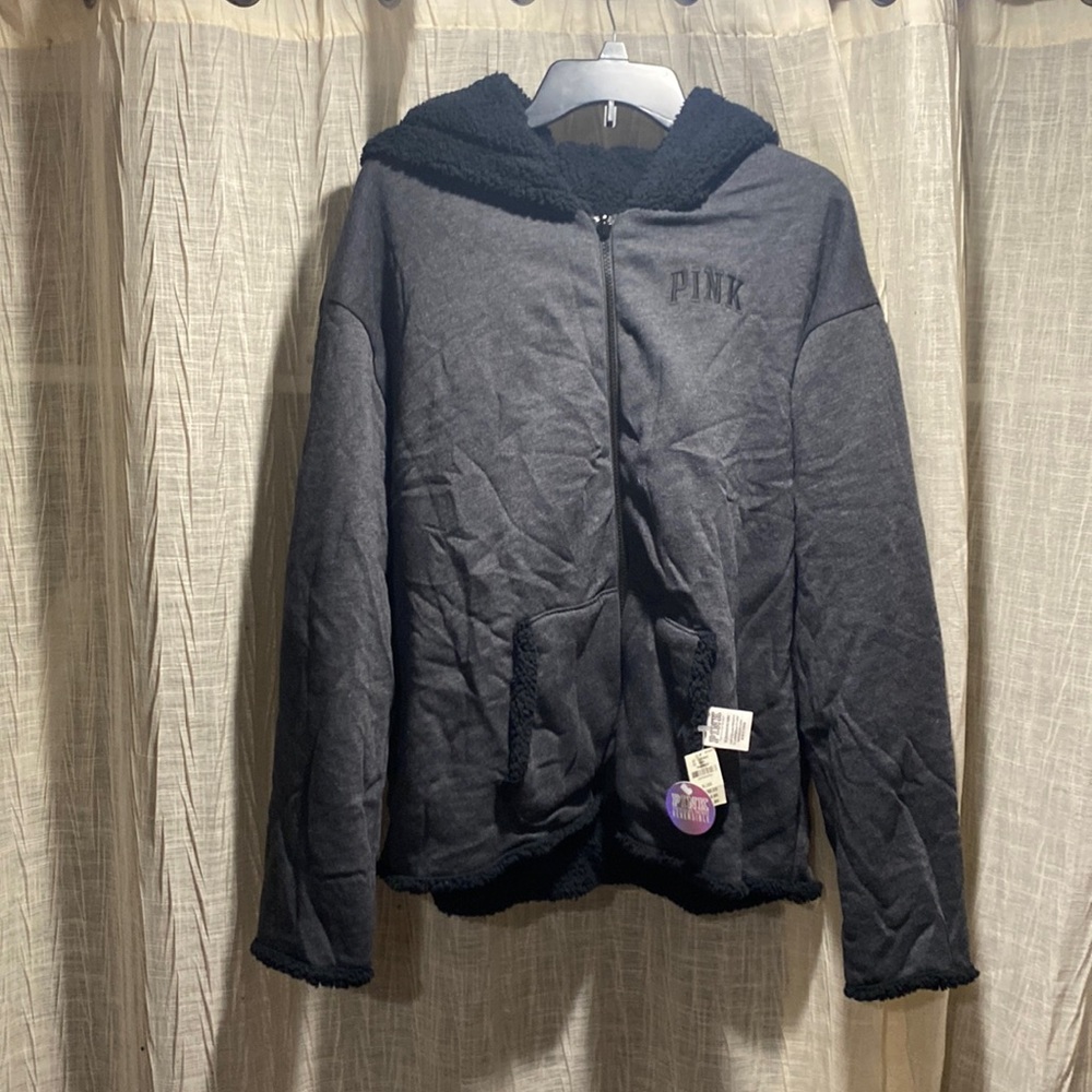 NWT dark gray and black Sherpa full zip with Sherpa hood sweater